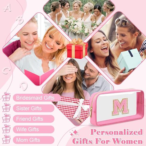 Personalized Initial Letter Clear Makeup Bag,Preppy Small Nylon&PVC Cosmetic Zipper Bag with Chenille Letter,Portable Beach Travel Skincare Toiletry Bag,Trendy Monogram Gift for Teen Girls Women,M in Saudi Arabia