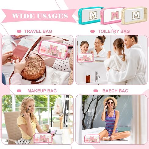 Personalized Initial Letter Clear Makeup Bag,Preppy Small Nylon&PVC Cosmetic Zipper Bag with Chenille Letter,Portable Beach Travel Skincare Toiletry Bag,Trendy Monogram Gift for Teen Girls Women,M in Saudi Arabia