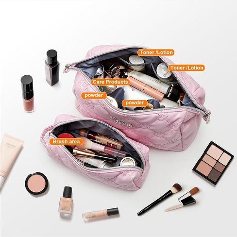 أكياس مكياج Boyatu Travel للمحفظة: 2 PCS مجموعة مستحضرات التجميل للنساء - PU Leather Make Up Bag مع Zipper - حقيبة العناية بالبشرة اللطيفة للفتيات - منظم ترحيل المياه المقاوم للماء لقضاء العطلة (الوردي) in Kuwait
