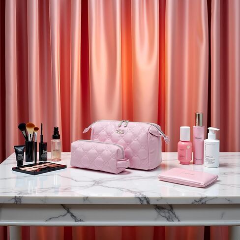 أكياس مكياج Boyatu Travel للمحفظة: 2 PCS مجموعة مستحضرات التجميل للنساء - PU Leather Make Up Bag مع Zipper - حقيبة العناية بالبشرة اللطيفة للفتيات - منظم ترحيل المياه المقاوم للماء لقضاء العطلة (الوردي) in Kuwait