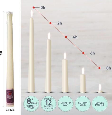 12 Pack Ivory Taper Candles - Taper Candles 10 Inch Dripless, Smokeless & Unscented - 8 Hours Long Burning - Hand Poured Tall Candlesticks - Ideal for Wedding, Party, and Home Décor in Saudi Arabia