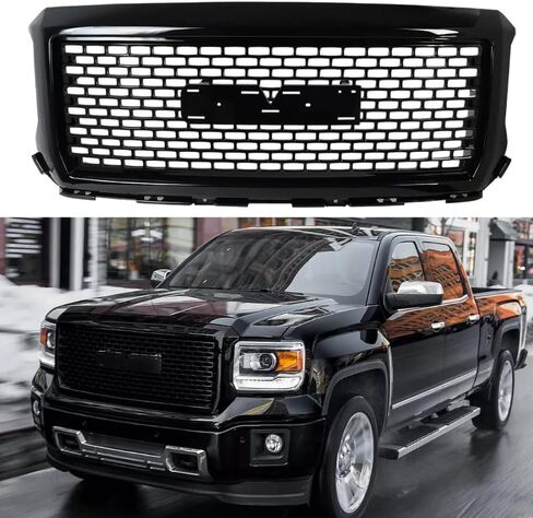 Grille Grill Front Bumper Denali Style Compatible with 2014 2015 GMC Sierra 1500 Glossy Black in Saudi Arabia
