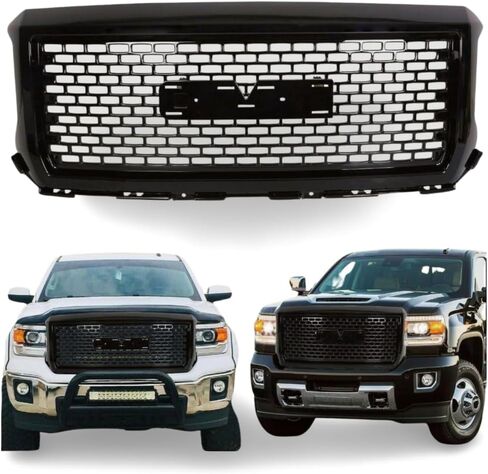 Grille Grill Front Bumper Denali Style Compatible with 2014 2015 GMC Sierra 1500 Glossy Black in Saudi Arabia