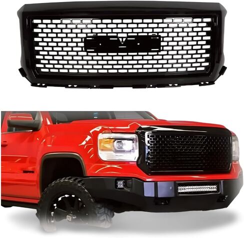 Grille Grill Front Bumper Denali Style Compatible with 2014 2015 GMC Sierra 1500 Glossy Black in Saudi Arabia