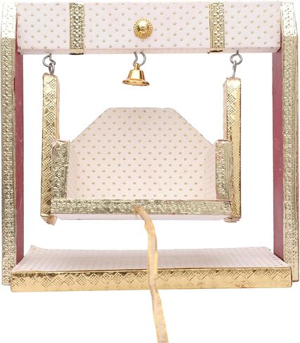 Decorative Laddu Gopal Jhula Wooden Handcrafted Velvet with Golden Work for Bal Gopal Idol/Krishna Jhula/Jhoola/Laddu Gopal for Home Temple Janmashtami Traditional Decor(Height Size:-8 Inches)(White) in Saudi Arabia