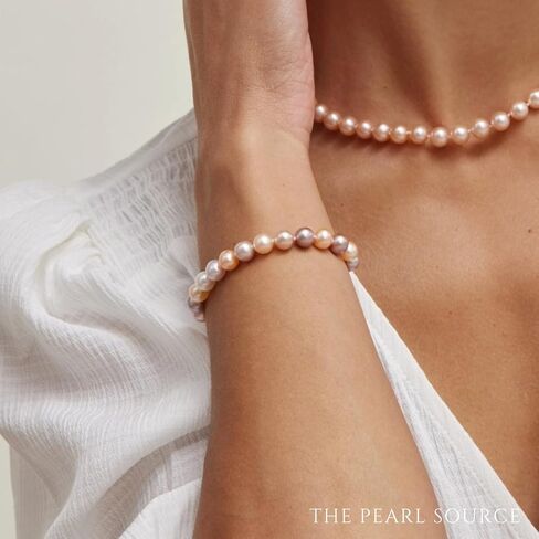 The Pearl Source 14K Gold 7-8mm AAAA Quality Round Multicolor Freshwater Cultured Pearl Bracelet for Women in Saudi Arabia