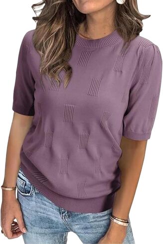 Jonivey Women's 2025 Soft Crew Neck Summer Summer Short Pullover Sweater Fashion Trendy Trendy Dary Dasual Disfit Blouse in Kuwait
