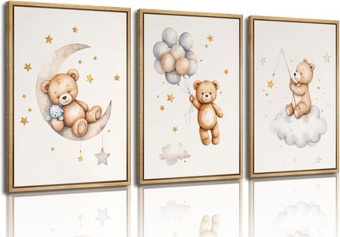 3 Pcs Framed Teddy Bear Nursery Canvas Wall Art Bear Sleeping on The Moon and Stars Wall Decor Pictures Balloon Cloud Neutral Poster Prints for Kids Baby Room Kindergarten Home Decoration 12x16in in Saudi Arabia