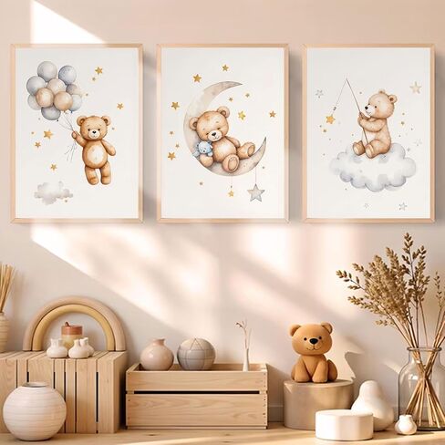 3 Pcs Framed Teddy Bear Nursery Canvas Wall Art Bear Sleeping on The Moon and Stars Wall Decor Pictures Balloon Cloud Neutral Poster Prints for Kids Baby Room Kindergarten Home Decoration 12x16in in Saudi Arabia