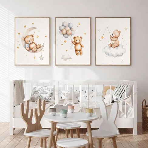 3 Pcs Framed Teddy Bear Nursery Canvas Wall Art Bear Sleeping on The Moon and Stars Wall Decor Pictures Balloon Cloud Neutral Poster Prints for Kids Baby Room Kindergarten Home Decoration 12x16in in Saudi Arabia