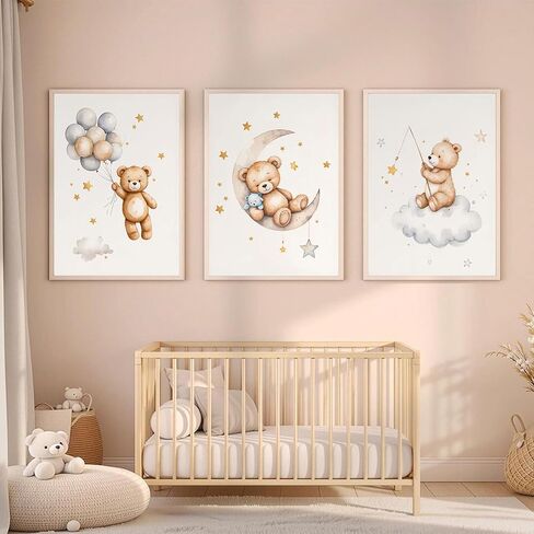 3 Pcs Framed Teddy Bear Nursery Canvas Wall Art Bear Sleeping on The Moon and Stars Wall Decor Pictures Balloon Cloud Neutral Poster Prints for Kids Baby Room Kindergarten Home Decoration 12x16in in Saudi Arabia