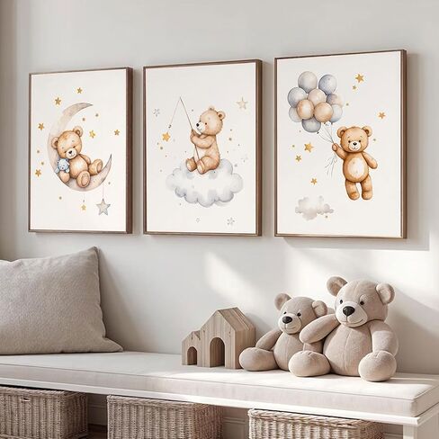 3 Pcs Framed Teddy Bear Nursery Canvas Wall Art Bear Sleeping on The Moon and Stars Wall Decor Pictures Balloon Cloud Neutral Poster Prints for Kids Baby Room Kindergarten Home Decoration 12x16in in Saudi Arabia