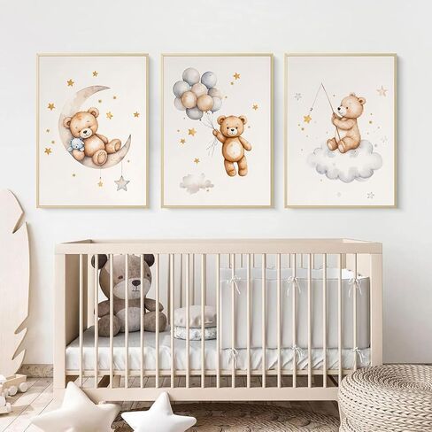 3 Pcs Framed Teddy Bear Nursery Canvas Wall Art Bear Sleeping on The Moon and Stars Wall Decor Pictures Balloon Cloud Neutral Poster Prints for Kids Baby Room Kindergarten Home Decoration 12x16in in Saudi Arabia