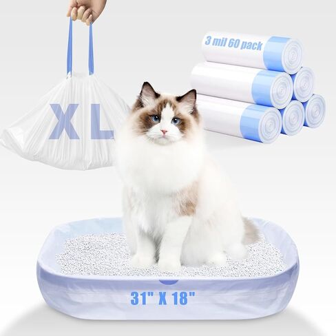 60 Pack Jumbo Cat Litter Bags - 3MIL Extra Thick Leakproof Litter Box Liners, 37"x18" Heavy Duty Drawstring Cat Litter Liners for Automatic Litter Box, Odor Control Disposable Kitty Litter Bags 6 Roll in Saudi Arabia