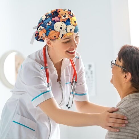 قبعات فرك النساء مع زر ، قبعات جراحية قابلة للتعديل مع حقيبة ذيل الحصان ، كرتون ملون سلس الكلاب العمل مع القوس in Kuwait