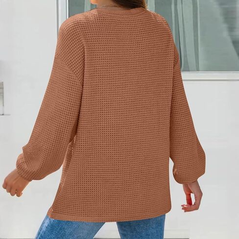 Waffle Knit Tops For Women Button Up Henley V Neck Graphic Hoodies Fall Drawstring Comfy Sweatshirt Lightweight Pullover in Saudi Arabia