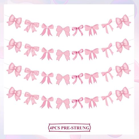 Pink Bow Happy Birthday Party Decorations, Pre-Strung Pink Banner Bow Hanging Swirls Bowtie Foil Balloon Party Supplies Set for Women Girls Kids Bridal Baby Shower Theme Decor in Saudi Arabia