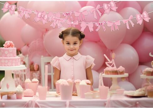 Pink Bow Happy Birthday Party Decorations, Pre-Strung Pink Banner Bow Hanging Swirls Bowtie Foil Balloon Party Supplies Set for Women Girls Kids Bridal Baby Shower Theme Decor in Saudi Arabia