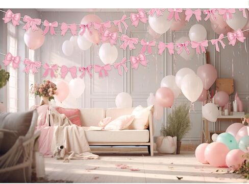 Pink Bow Happy Birthday Party Decorations, Pre-Strung Pink Banner Bow Hanging Swirls Bowtie Foil Balloon Party Supplies Set for Women Girls Kids Bridal Baby Shower Theme Decor in Saudi Arabia