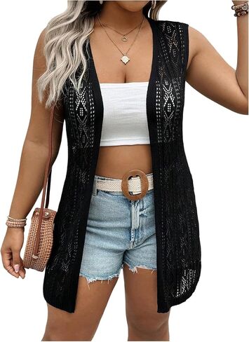 SHENHE Women's Plus Size Hollow Out Sleeveless Open Front Sheer Lightweight Cardigan Kimono in Saudi Arabia