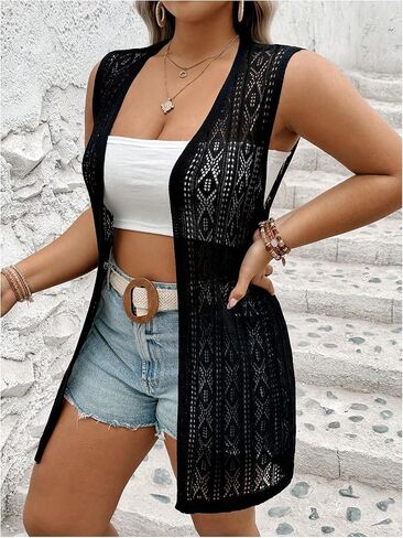 SHENHE Women's Plus Size Hollow Out Sleeveless Open Front Sheer Lightweight Cardigan Kimono in Saudi Arabia