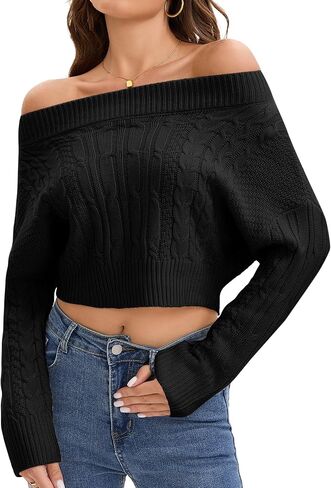 Women Off Shoulder Sweaters Batwing Sleeve Knit Pullover Long Sleeve Cropped Sweater Tops in Kuwait