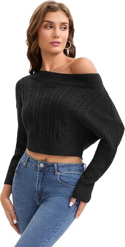 Women Off Shoulder Sweaters Batwing Sleeve Knit Pullover Long Sleeve Cropped Sweater Tops in Kuwait
