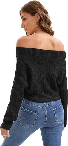 Women Off Shoulder Sweaters Batwing Sleeve Knit Pullover Long Sleeve Cropped Sweater Tops in Kuwait