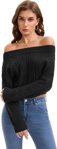 Women Off Shoulder Sweaters Batwing Sleeve Knit Pullover Long Sleeve Cropped Sweater Tops in Kuwait