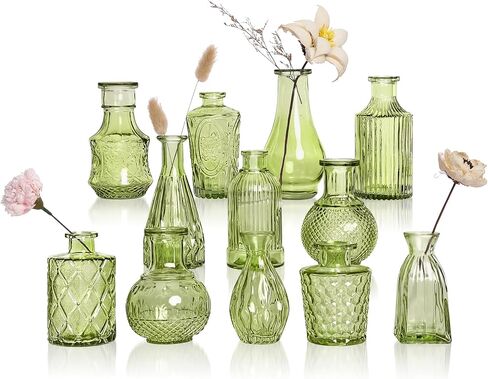 GarDream Aqua Green Glass Bud Vase Set of 12, Vintage Mini Flower Vases for Centerpieces, Wedding Table, Assorted Textured Small Glass Vase Bulk for Baby Shower, Bridal Shower, Parties, Home Decor in Saudi Arabia