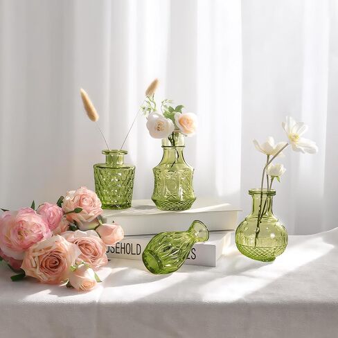 GarDream Aqua Green Glass Bud Vase Set of 12, Vintage Mini Flower Vases for Centerpieces, Wedding Table, Assorted Textured Small Glass Vase Bulk for Baby Shower, Bridal Shower, Parties, Home Decor in Saudi Arabia