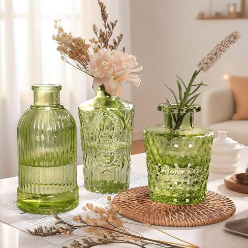 GarDream Aqua Green Glass Bud Vase Set of 12, Vintage Mini Flower Vases for Centerpieces, Wedding Table, Assorted Textured Small Glass Vase Bulk for Baby Shower, Bridal Shower, Parties, Home Decor in Saudi Arabia
