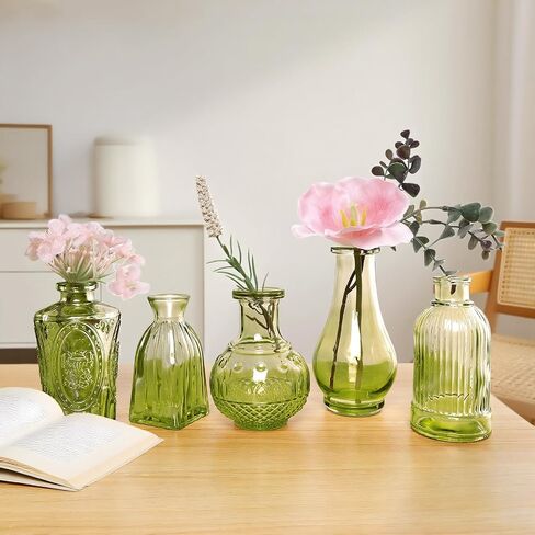 GarDream Aqua Green Glass Bud Vase Set of 12, Vintage Mini Flower Vases for Centerpieces, Wedding Table, Assorted Textured Small Glass Vase Bulk for Baby Shower, Bridal Shower, Parties, Home Decor in Saudi Arabia