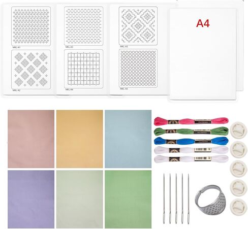 Lampstop Sashiko Kit Sashiko Thread, Needles and Thimble, Inspired Water Soluble Patterns for Japanese Sashiko and Embroidery Design (Style B) in Kuwait