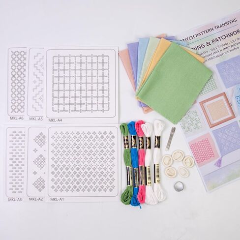 Lampstop Sashiko Kit Sashiko Thread, Needles and Thimble, Inspired Water Soluble Patterns for Japanese Sashiko and Embroidery Design (Style B) in Kuwait