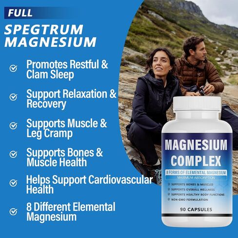Magnesium Complex Supplement - 8 Elemental Magnesium 1000mg - Glycinate, Citrate, Malate, Taurate Chelated | Easy Absorption, Energy Support | Vegan Non-GMO, 90 Capsules (2pcs) in Saudi Arabia