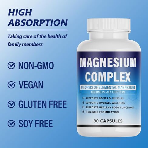 Magnesium Complex Supplement - 8 Elemental Magnesium 1000mg - Glycinate, Citrate, Malate, Taurate Chelated | Easy Absorption, Energy Support | Vegan Non-GMO, 90 Capsules (2pcs) in Saudi Arabia