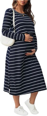 OYOANGLE Women's Maternity Nursing Dress Striped Long Sleeve Breastfeeding Ribbed Lounge Dresses in Saudi Arabia