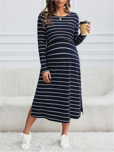 OYOANGLE Women's Maternity Nursing Dress Striped Long Sleeve Breastfeeding Ribbed Lounge Dresses in Saudi Arabia