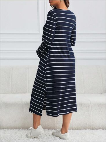 OYOANGLE Women's Maternity Nursing Dress Striped Long Sleeve Breastfeeding Ribbed Lounge Dresses in Saudi Arabia