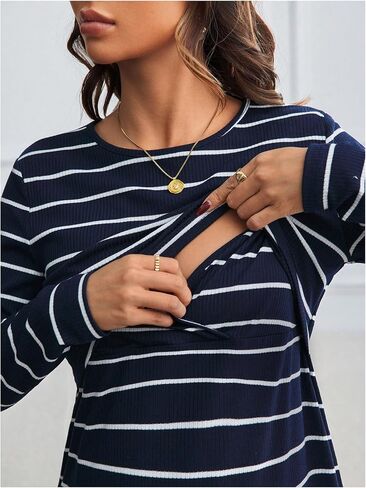 OYOANGLE Women's Maternity Nursing Dress Striped Long Sleeve Breastfeeding Ribbed Lounge Dresses in Saudi Arabia