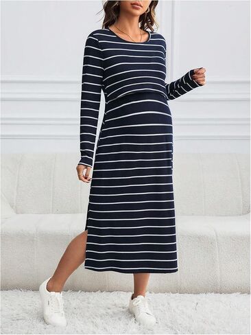OYOANGLE Women's Maternity Nursing Dress Striped Long Sleeve Breastfeeding Ribbed Lounge Dresses in Saudi Arabia