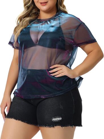 Agnes Orinda Plus Party Party Top for Women sheer mesh desh holographic see من خلال بلوزة قمم مثير in Kuwait