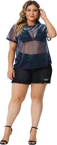 Agnes Orinda Plus Party Party Top for Women sheer mesh desh holographic see من خلال بلوزة قمم مثير in Kuwait