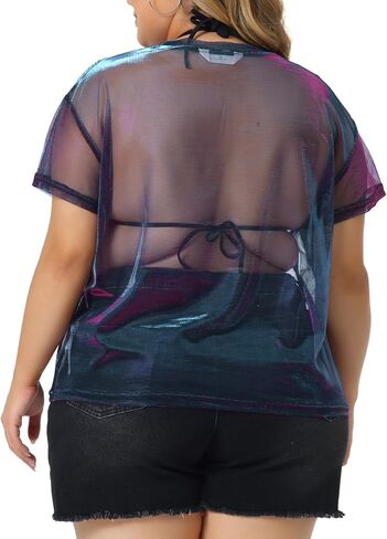 Agnes Orinda Plus Party Party Top for Women sheer mesh desh holographic see من خلال بلوزة قمم مثير in Kuwait