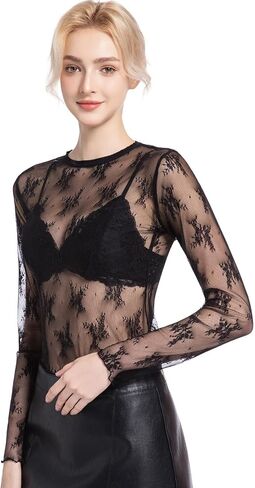 المرأة الطويلة الأكمام الشبكية شبكات مثيرة Crewneck انظر على الرغم من القمصان الدانتيل طبقات شباك السمك أقل in Kuwait