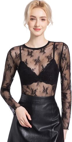 المرأة الطويلة الأكمام الشبكية شبكات مثيرة Crewneck انظر على الرغم من القمصان الدانتيل طبقات شباك السمك أقل in Kuwait