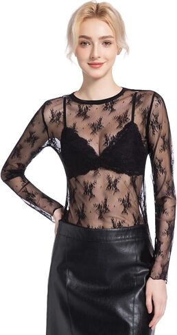المرأة الطويلة الأكمام الشبكية شبكات مثيرة Crewneck انظر على الرغم من القمصان الدانتيل طبقات شباك السمك أقل in Kuwait