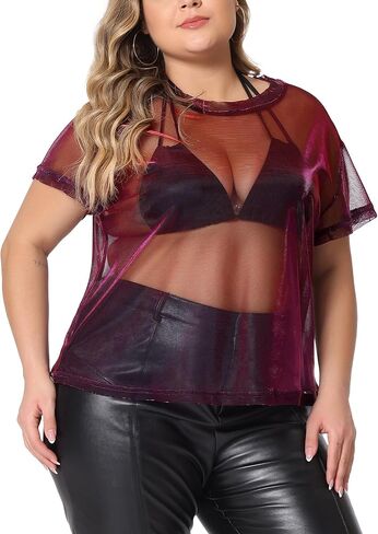 Agnes Orinda Plus Size Party Top for Women Sheer Mesh Holographic See Through Sexy Tops Blouse in Saudi Arabia