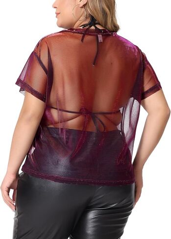 Agnes Orinda Plus Size Party Top for Women Sheer Mesh Holographic See Through Sexy Tops Blouse in Saudi Arabia
